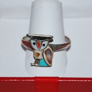 Adorable Small Inlaid Owl Ring - Size 9 1/2